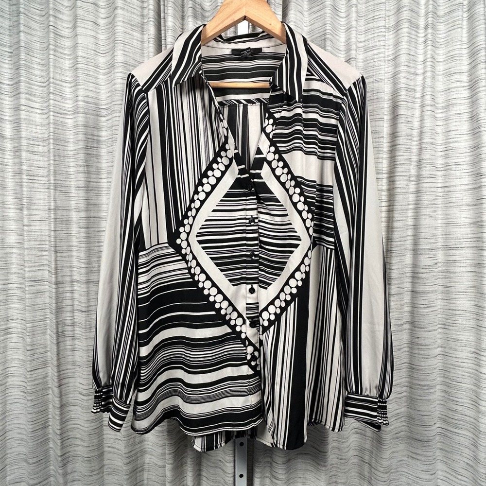 Alfani Button Down Blouse‎ Black White Womens Size 14 Geometric Striped EUC